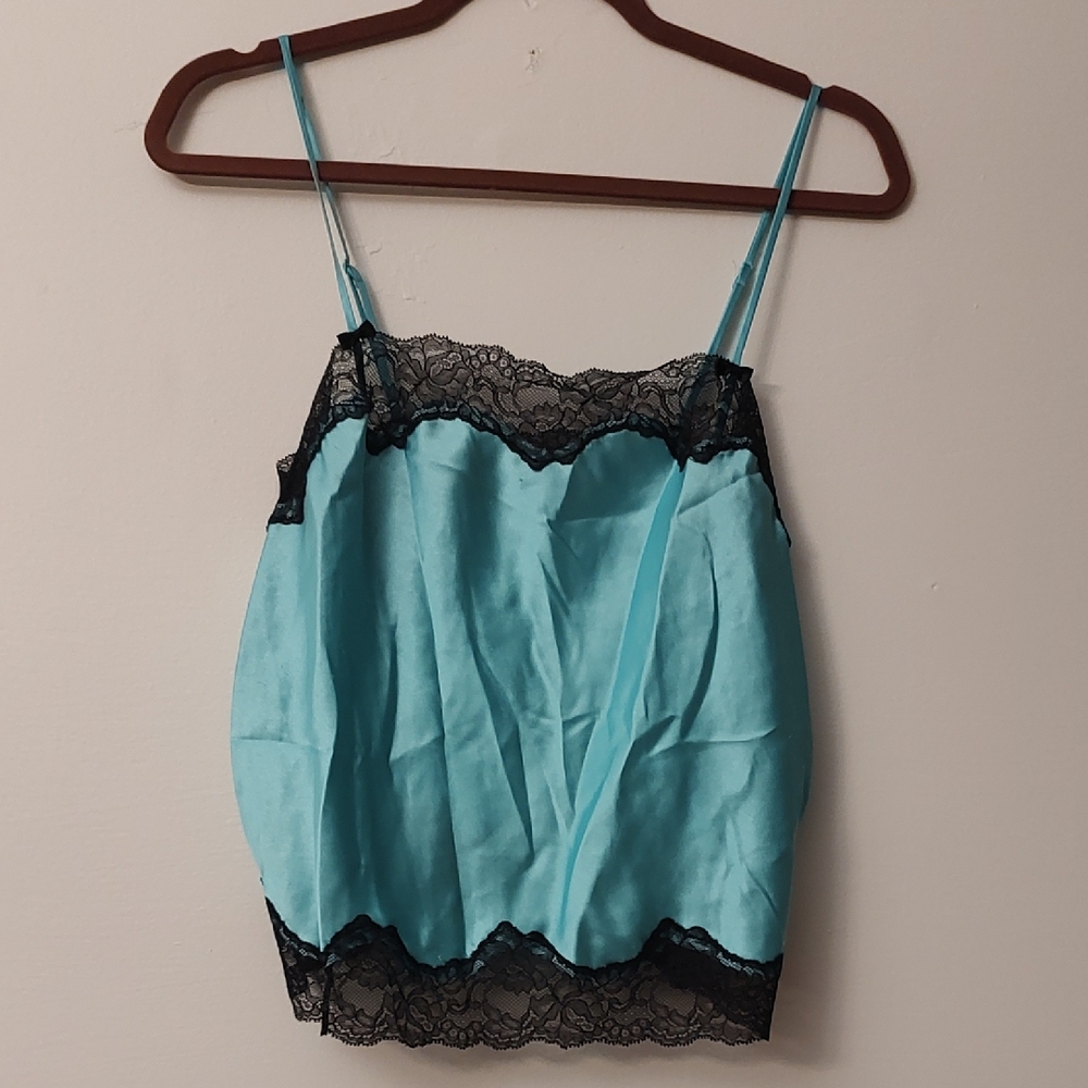 Victoria's Secret Y2k Satin Teal Blue Boxy Lace Trim Cami Medium Coquette